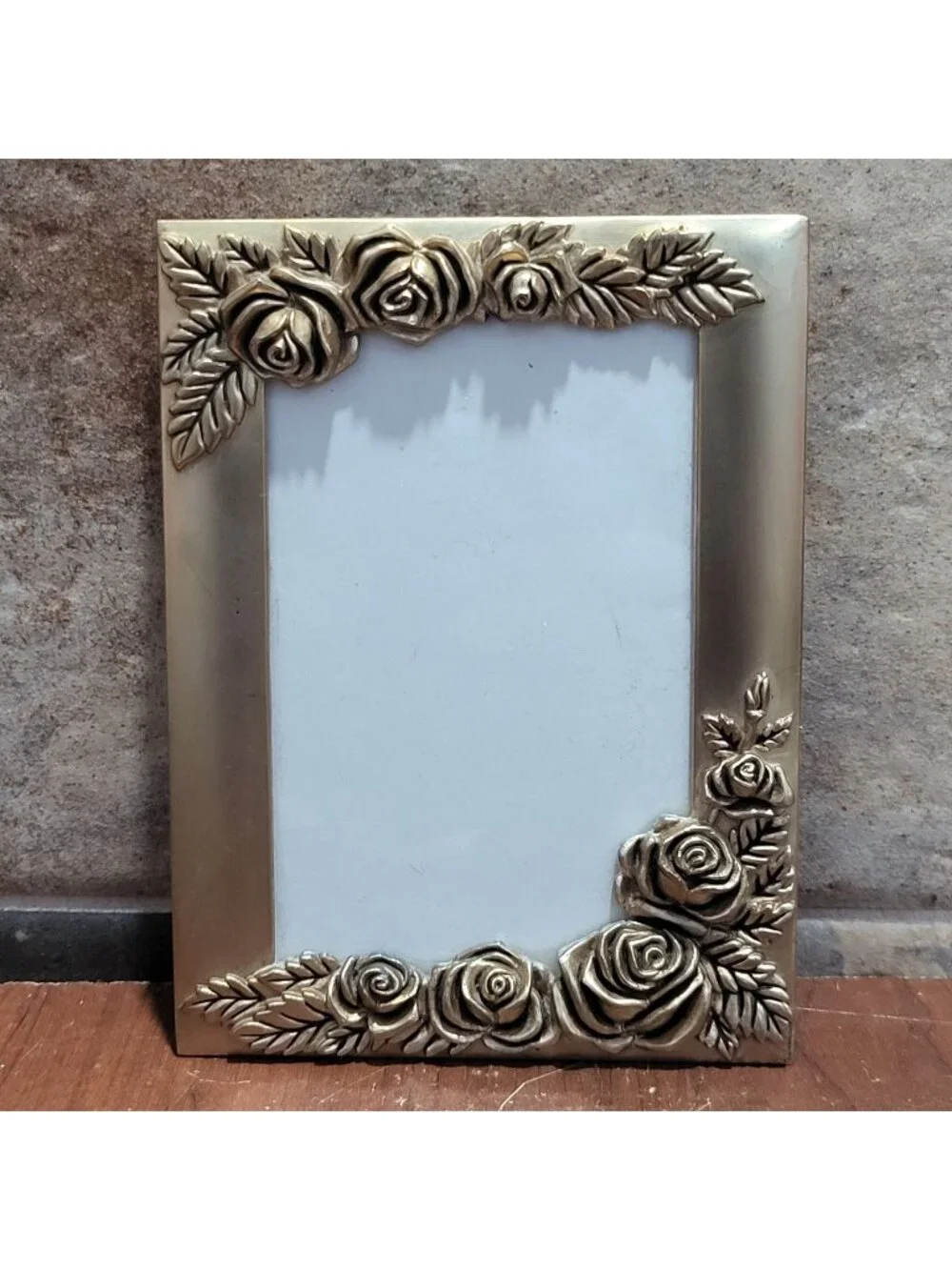 Vintage Metal Gold Tone Photo Picture Frame 3D Floral Roses Leaf Border